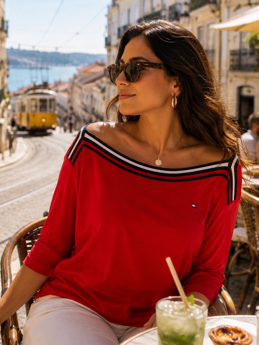 🩵Tommy Hilfiger Red Boatneck Long Sleeve Top with Contrast Trim